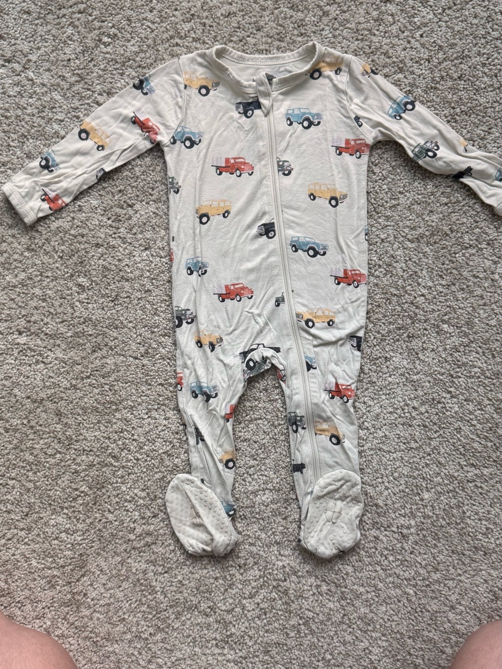 Kyte BABY Cream Footed One-Piece with Blue, Red and Yellow Car Print